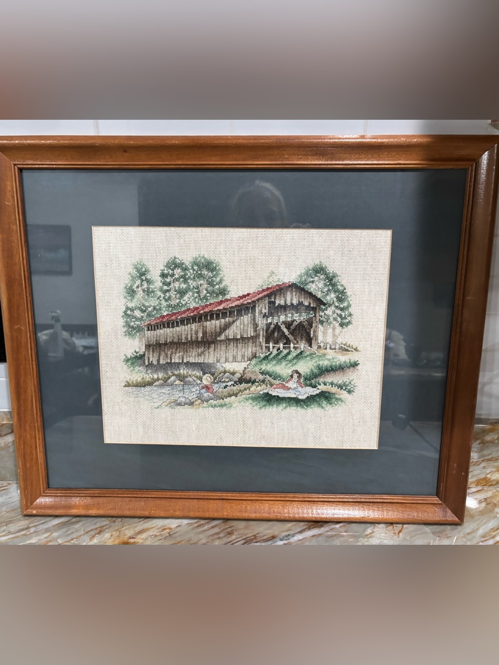 Framed Rustic Covered Bridge Cross-Stitch in Brown and Green